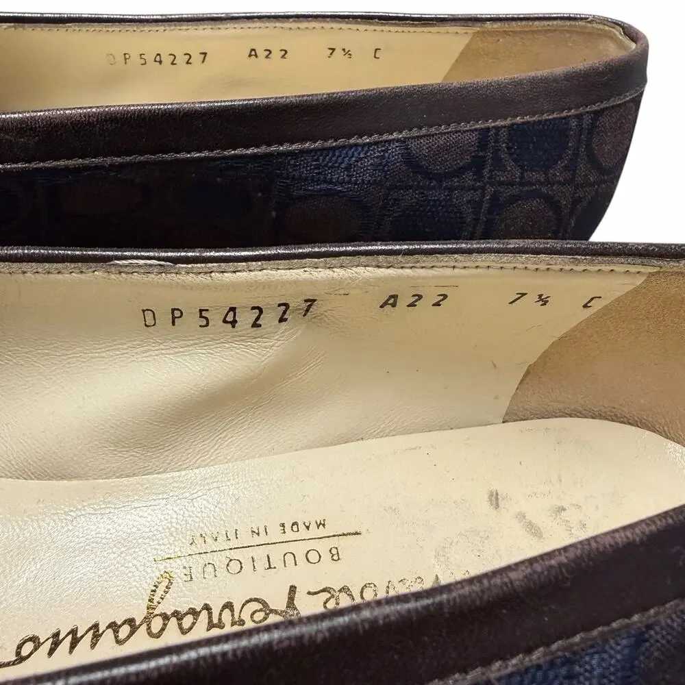 Vintage Salvatore Ferragamo Brown Navy Gancini Block Heel Loafer Womens Size 7.5